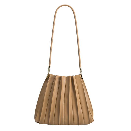 Taupe Carrie Medium Vegan Leather Pleated Shoulder Bag - Melie Bianco