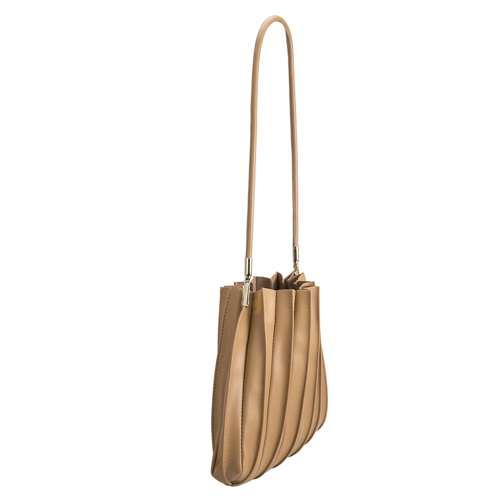 Taupe Carrie Medium Vegan Leather Pleated Shoulder Bag - Melie Bianco