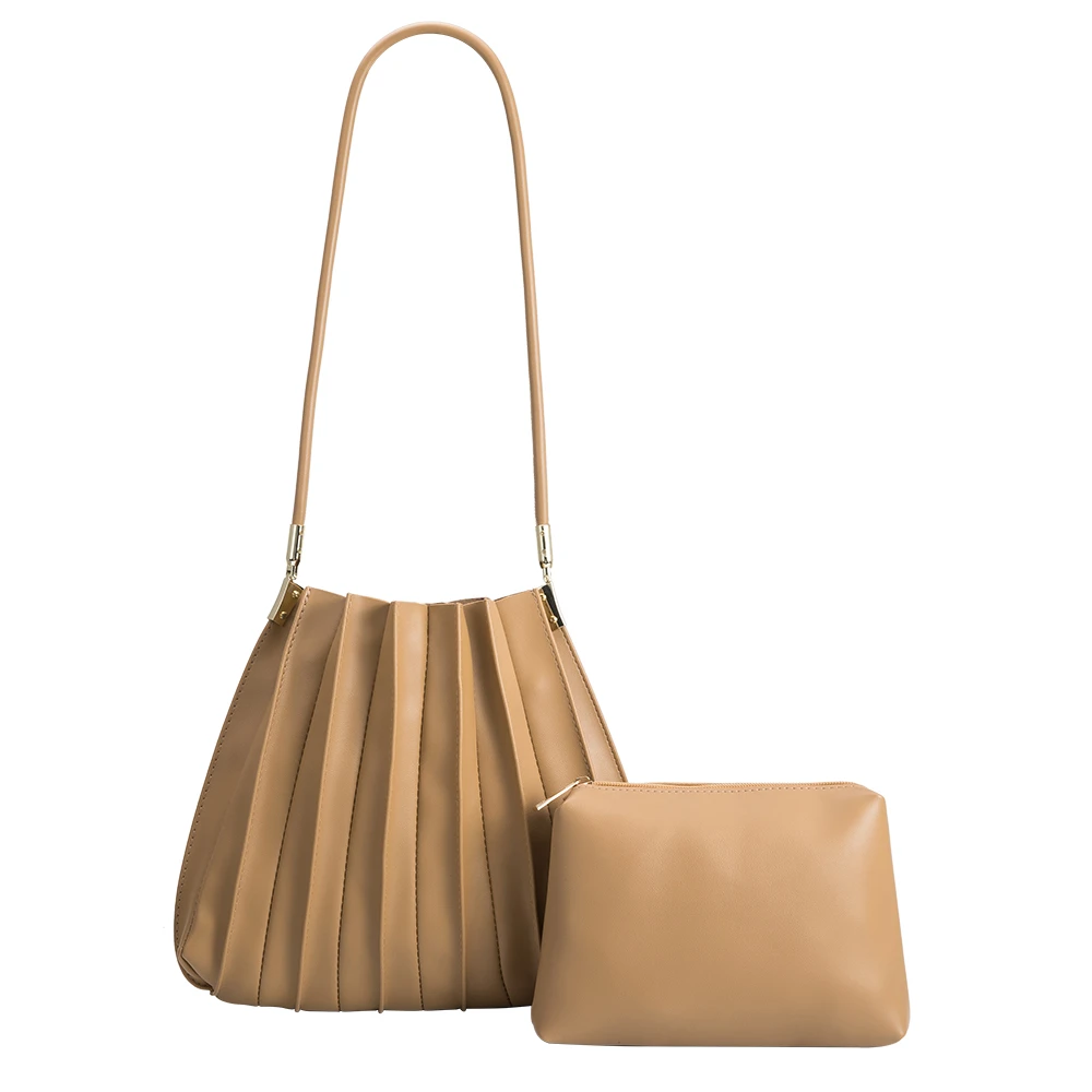 Taupe Carrie Medium Vegan Leather Pleated Shoulder Bag - Melie Bianco