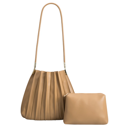Taupe Carrie Medium Vegan Leather Pleated Shoulder Bag - Melie Bianco