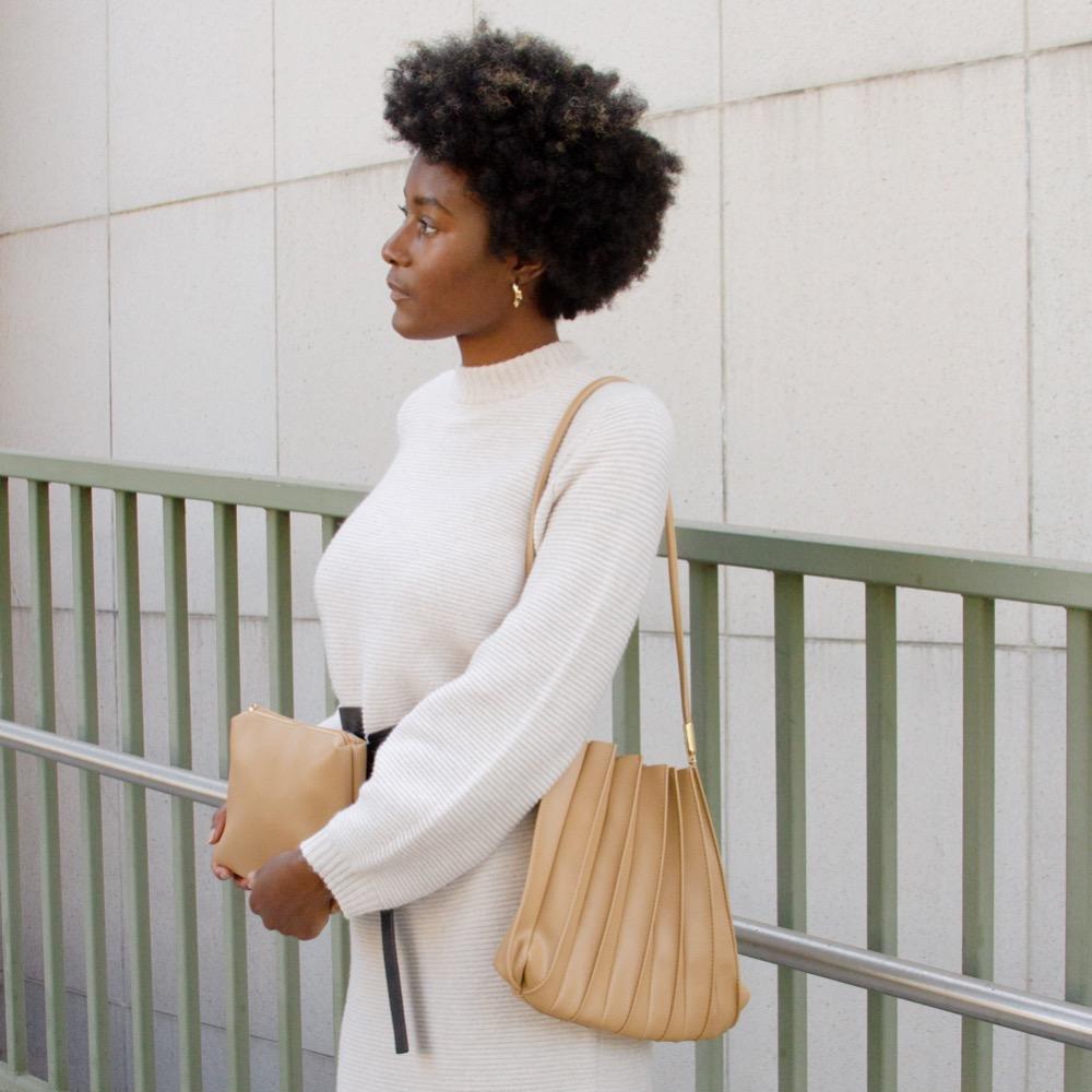 Taupe Carrie Medium Vegan Leather Pleated Shoulder Bag - Melie Bianco