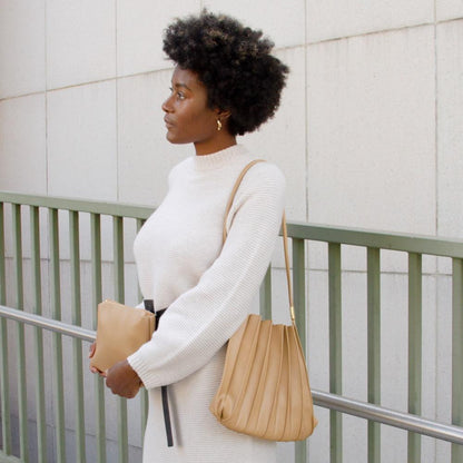 Taupe Carrie Medium Vegan Leather Pleated Shoulder Bag - Melie Bianco