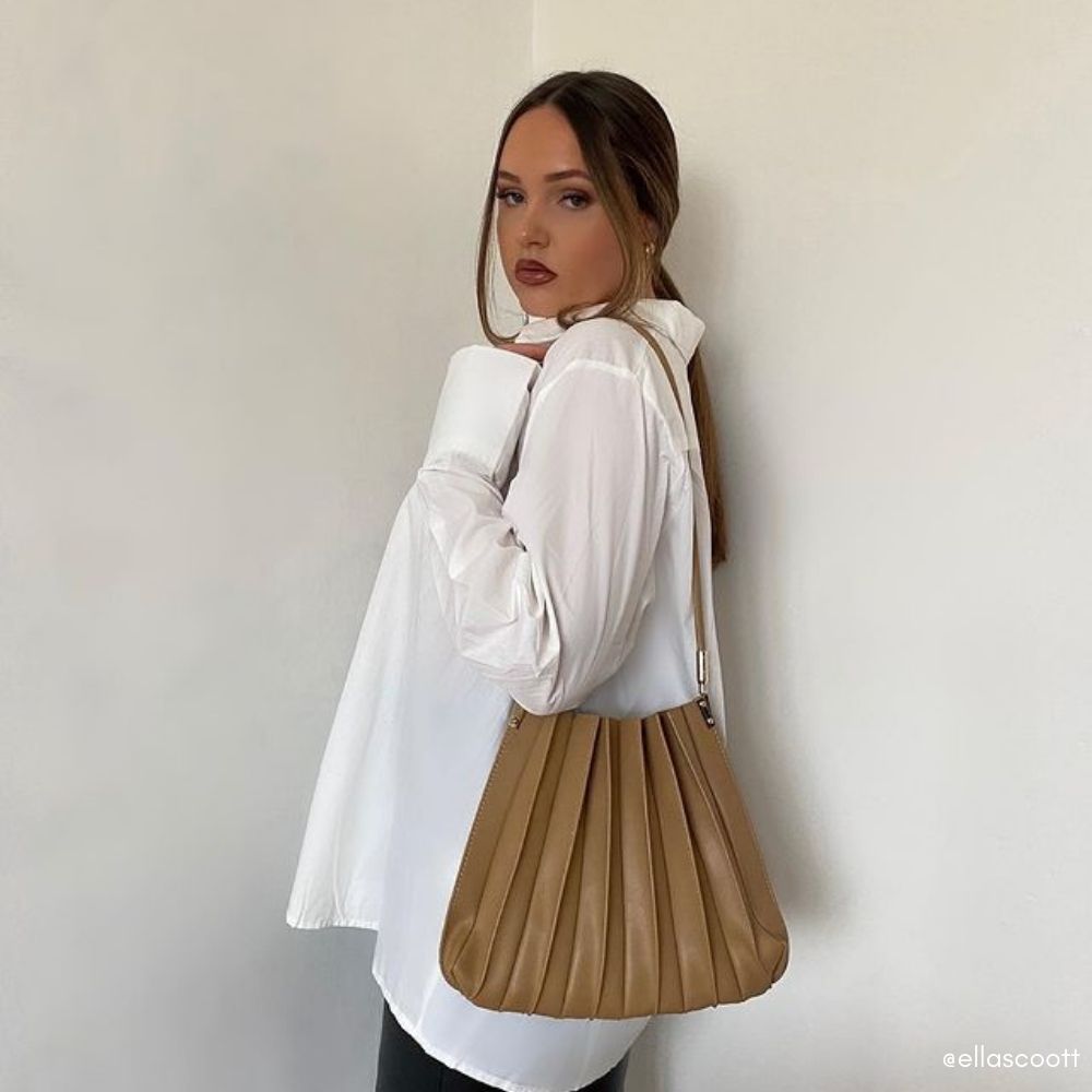 Taupe Carrie Medium Vegan Leather Pleated Shoulder Bag - Melie Bianco
