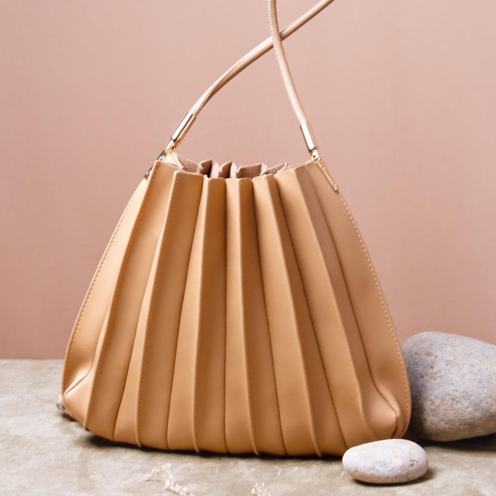 Taupe Carrie Medium Vegan Leather Pleated Shoulder Bag - Melie Bianco