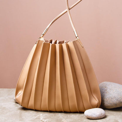 Taupe Carrie Medium Vegan Leather Pleated Shoulder Bag - Melie Bianco
