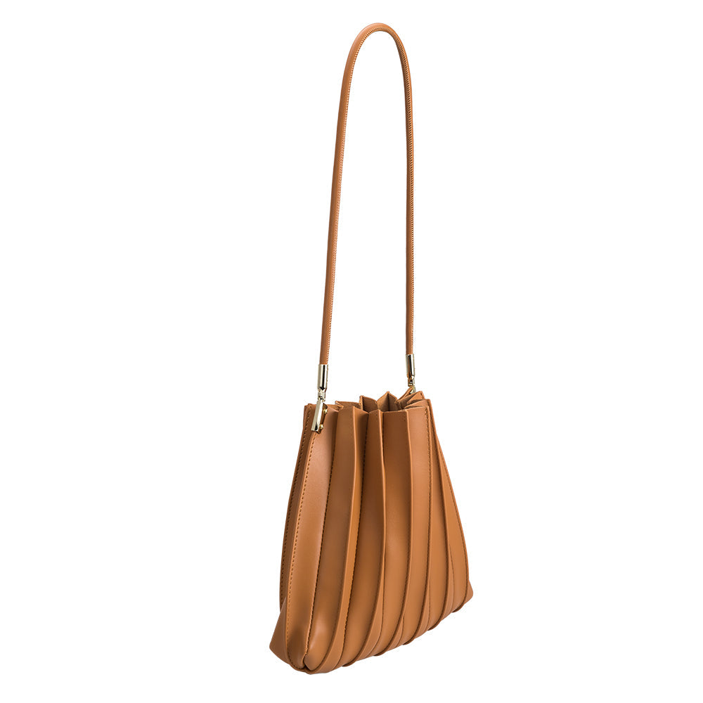 Tan Carrie Medium Vegan Leather Pleated Shoulder Bag - Melie Bianco