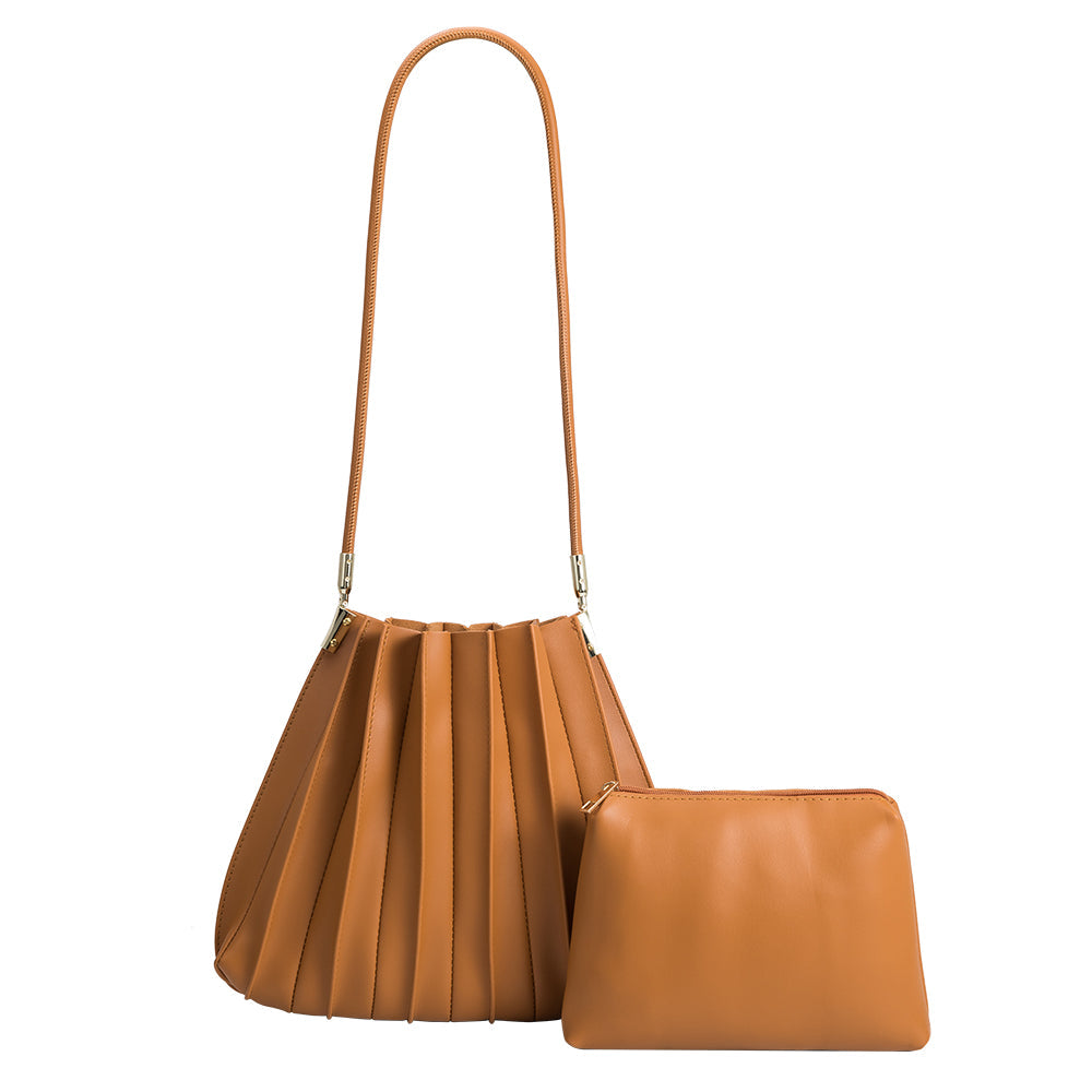 Tan Carrie Medium Vegan Leather Pleated Shoulder Bag - Melie Bianco