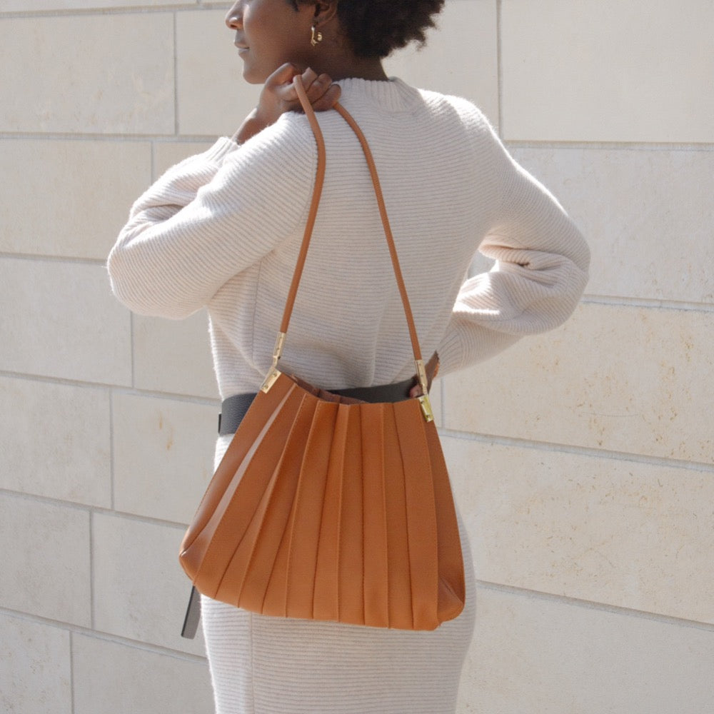 Tan Carrie Medium Vegan Leather Pleated Shoulder Bag - Melie Bianco