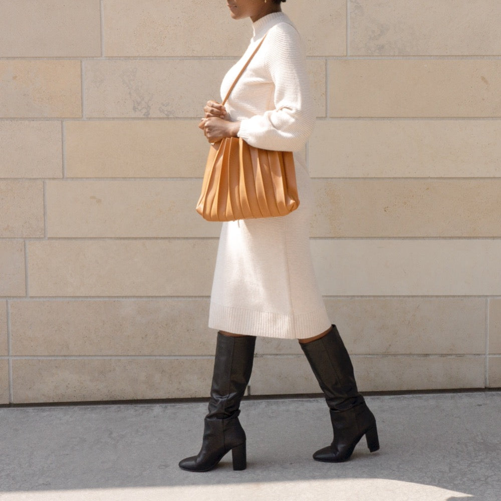 Tan Carrie Medium Vegan Leather Pleated Shoulder Bag - Melie Bianco