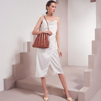 Saddle Carrie Medium Vegan Leather Pleated Shoulder Bag - Melie Bianco