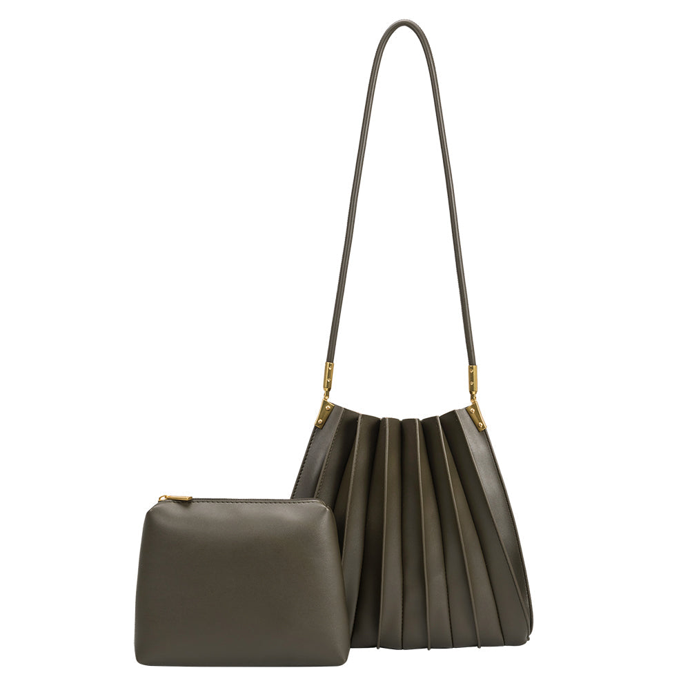 Olive Carrie Medium Vegan Leather Pleated Shoulder Bag - Melie Bianco