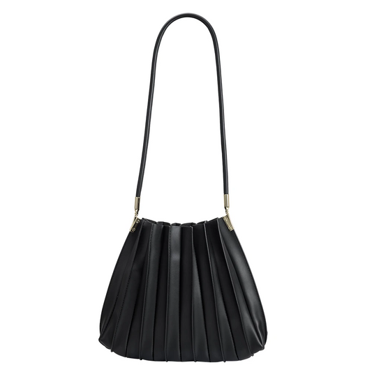 Black Carrie Medium Vegan Leather Pleated Shoulder Bag - Melie Bianco
