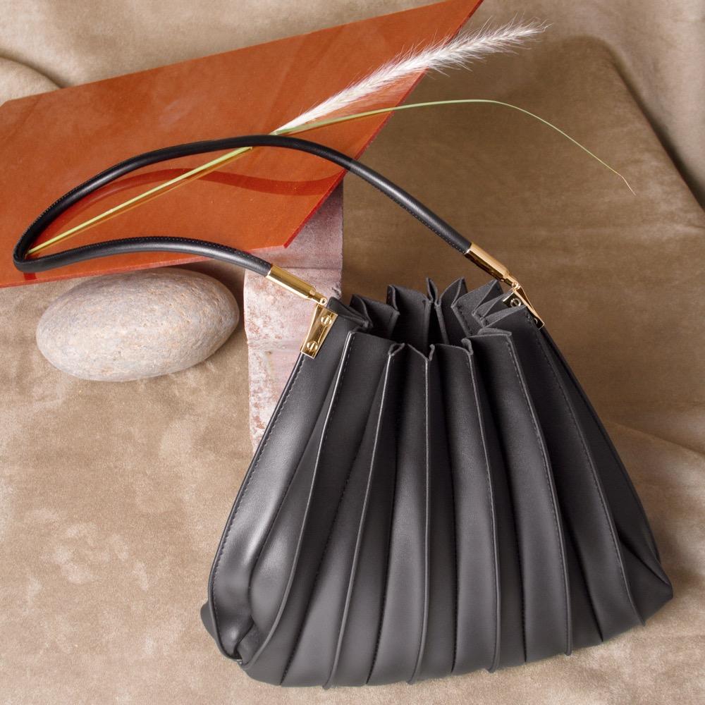 Black Carrie Medium Vegan Leather Pleated Shoulder Bag - Melie Bianco
