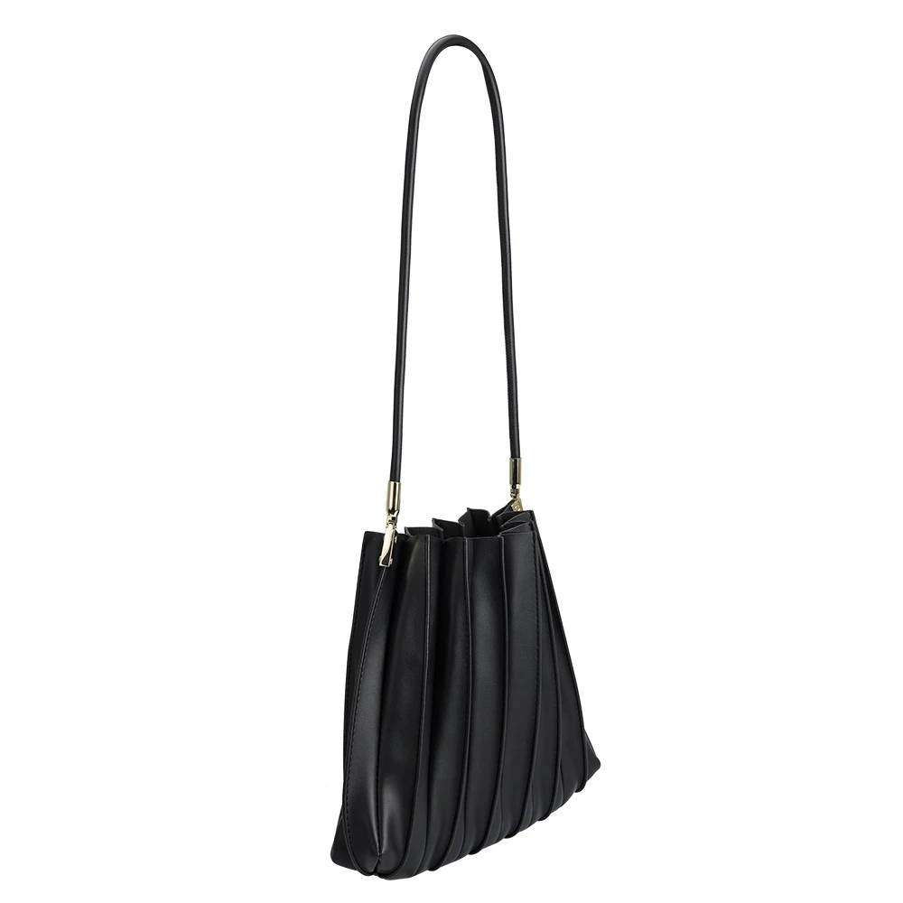 Black Carrie Medium Vegan Leather Pleated Shoulder Bag - Melie Bianco