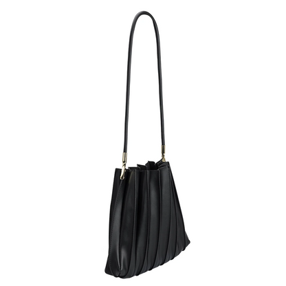 Black Carrie Medium Vegan Leather Pleated Shoulder Bag - Melie Bianco