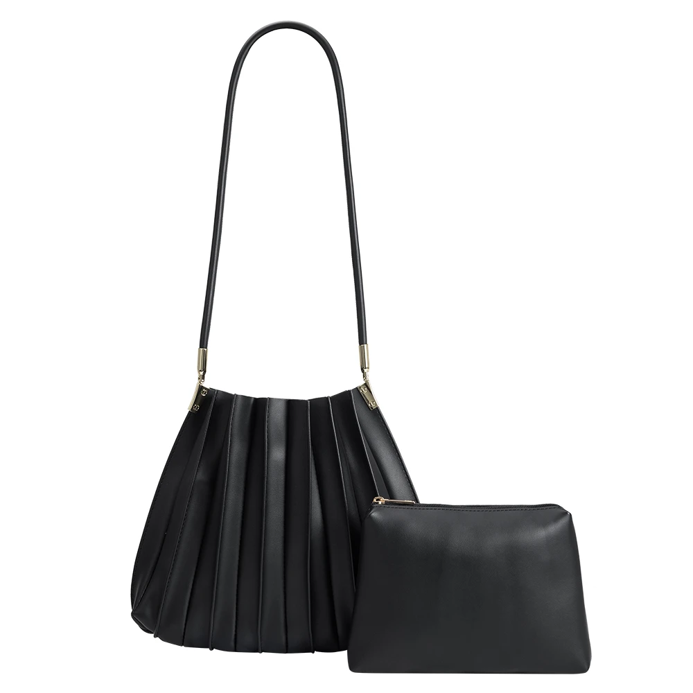 Black Carrie Medium Vegan Leather Pleated Shoulder Bag - Melie Bianco