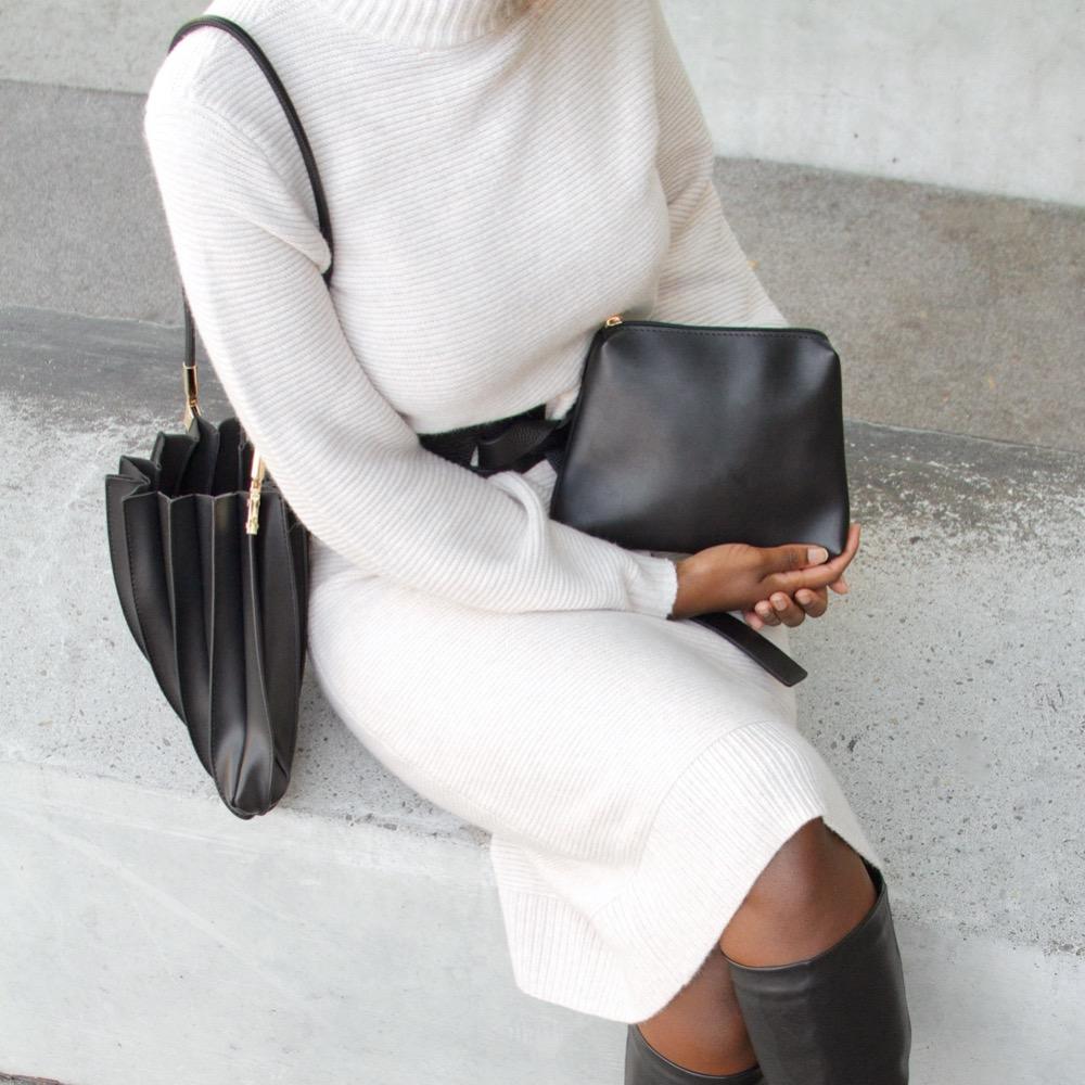Black Carrie Medium Vegan Leather Pleated Shoulder Bag - Melie Bianco