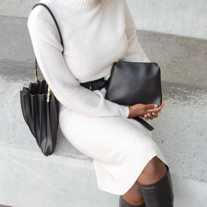 Black Carrie Medium Vegan Leather Pleated Shoulder Bag - Melie Bianco