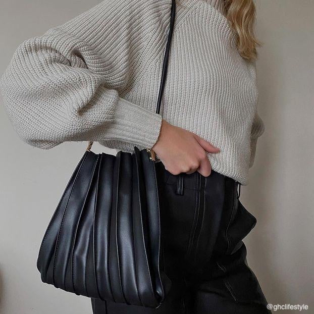 Black Carrie Medium Vegan Leather Pleated Shoulder Bag - Melie Bianco