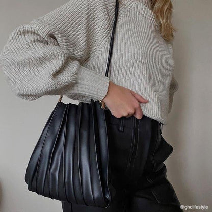 Black Carrie Medium Vegan Leather Pleated Shoulder Bag - Melie Bianco