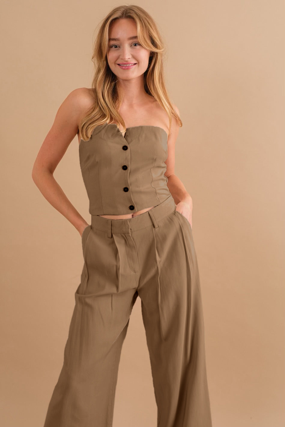 Two-Piece Strapless Top & Pant Set - Melie Bianco