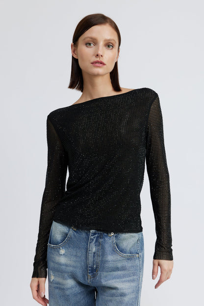 Rhinestone Deep Cowl Back Top - Melie Bianco
