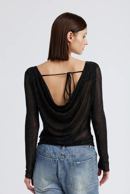 Rhinestone Deep Cowl Back Top - Melie Bianco