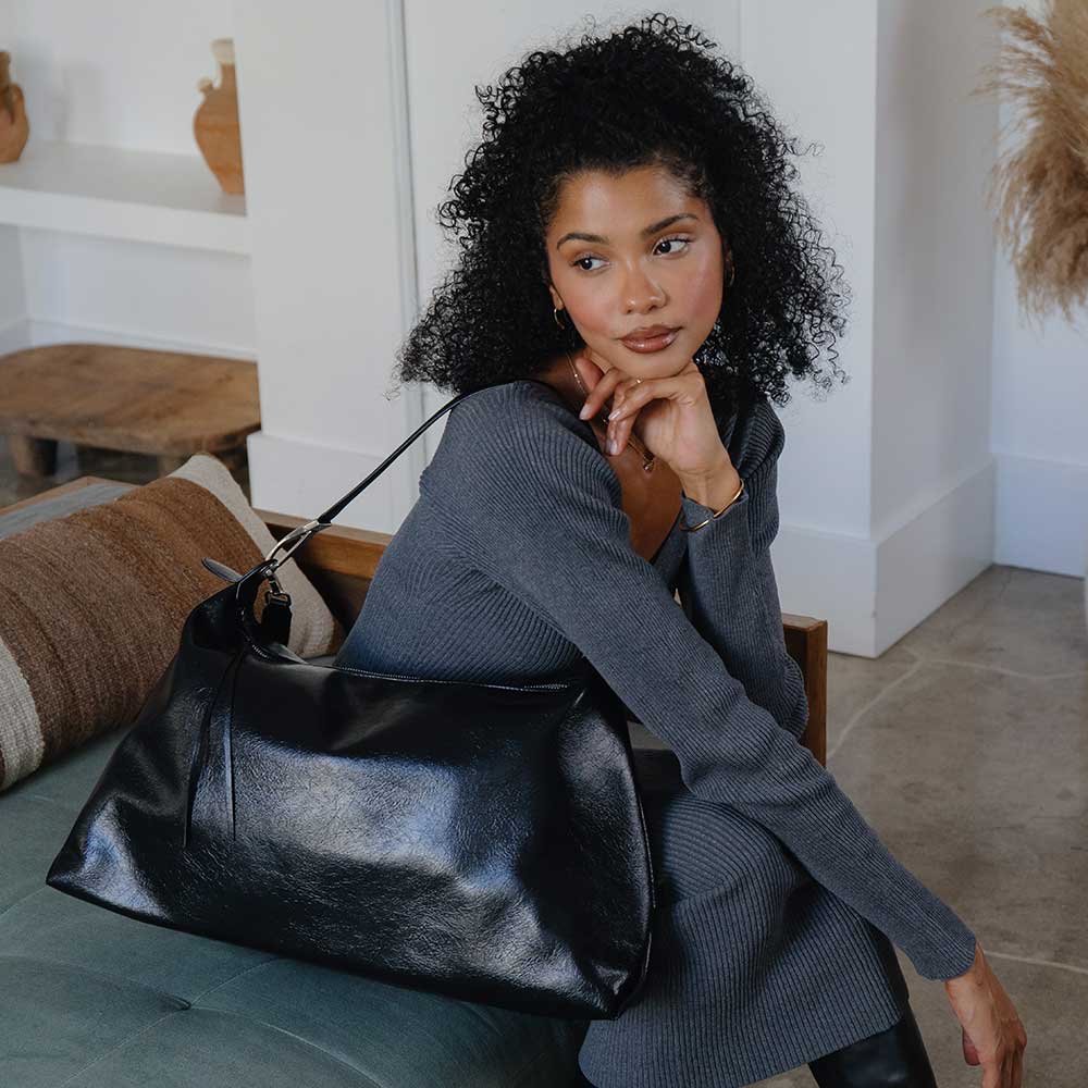 Black Charlie Large Crinkly Recycled Vegan Leather Tote Bag - Melie Bianco