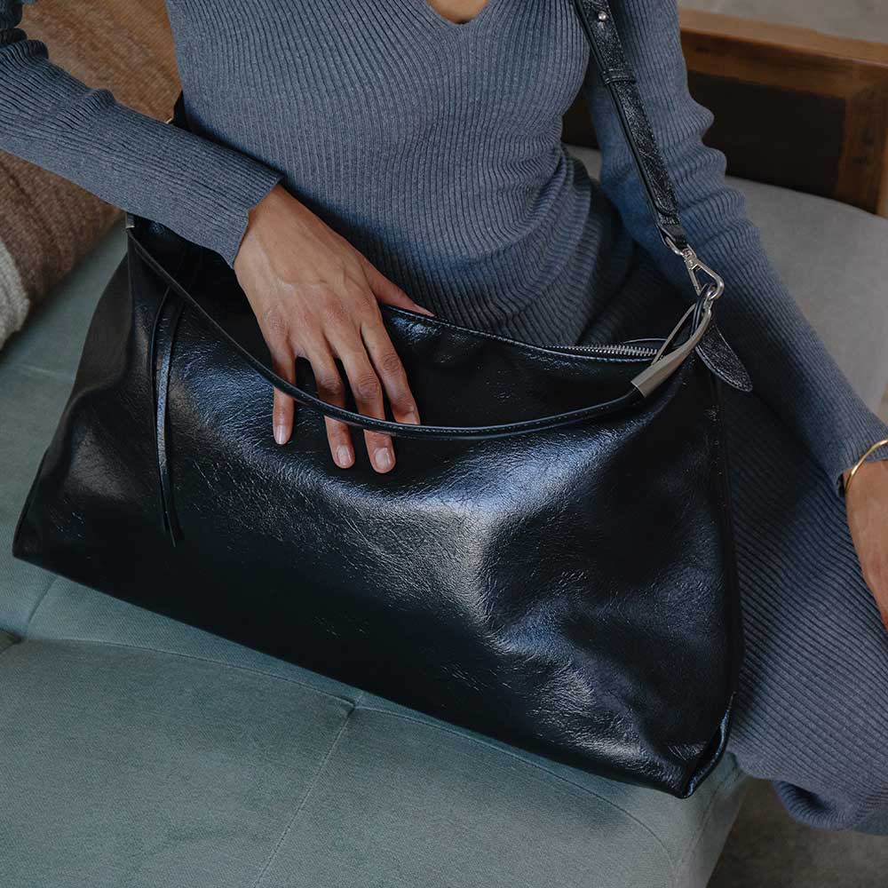 Black Charlie Large Crinkly Recycled Vegan Leather Tote Bag - Melie Bianco
