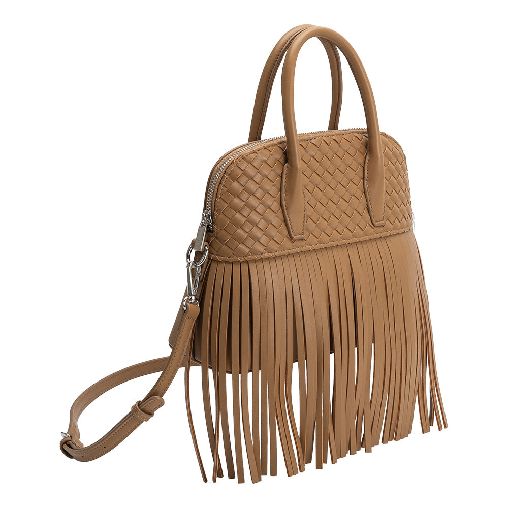 Mocha Halle Fringe Recycled Vegan Leather Top Handle Bag - Melie Bianco