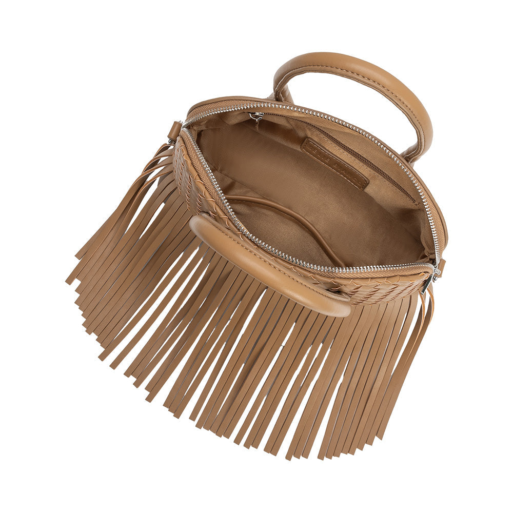 Mocha Halle Fringe Recycled Vegan Leather Top Handle Bag - Melie Bianco