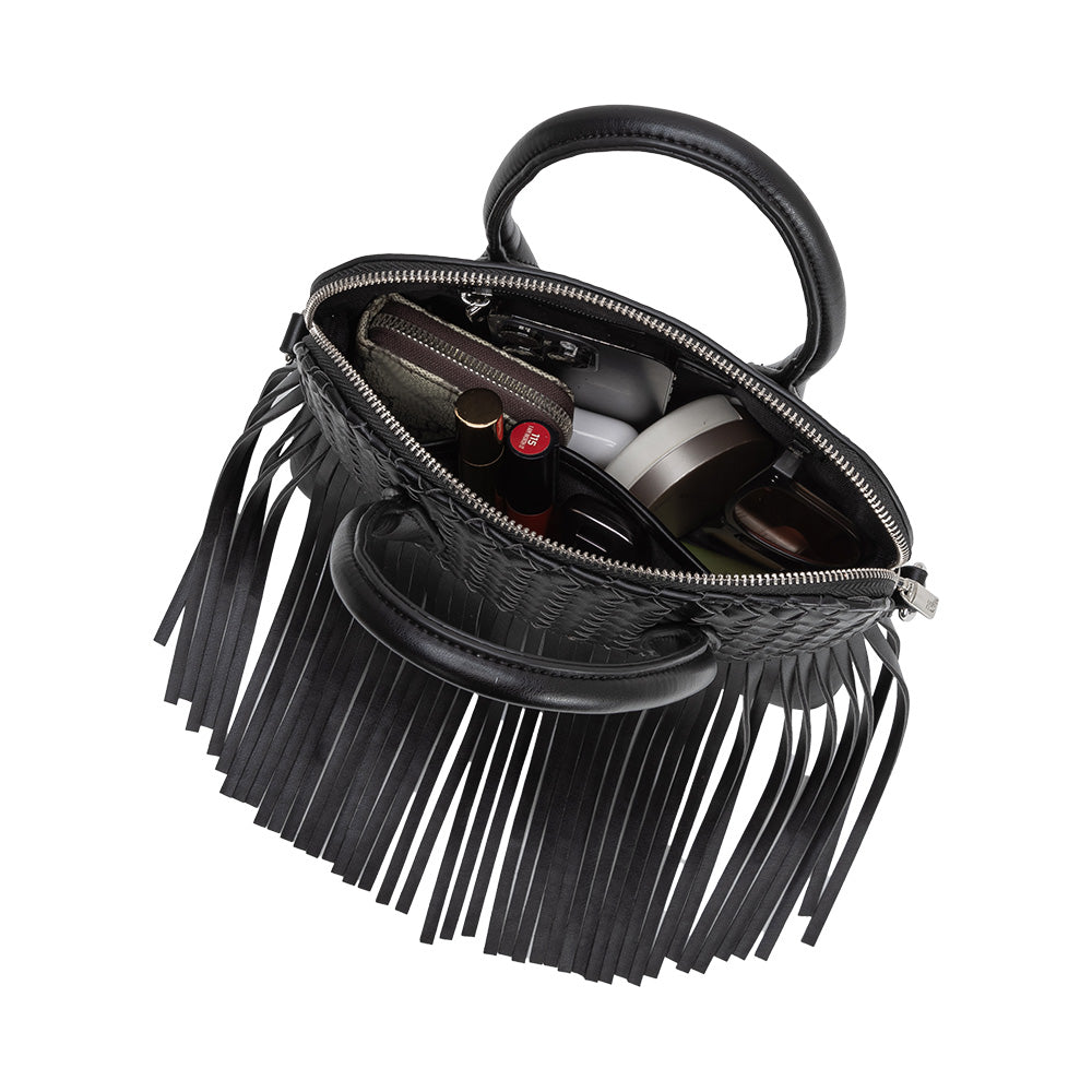 Mocha Halle Fringe Recycled Vegan Leather Top Handle Bag - Melie Bianco