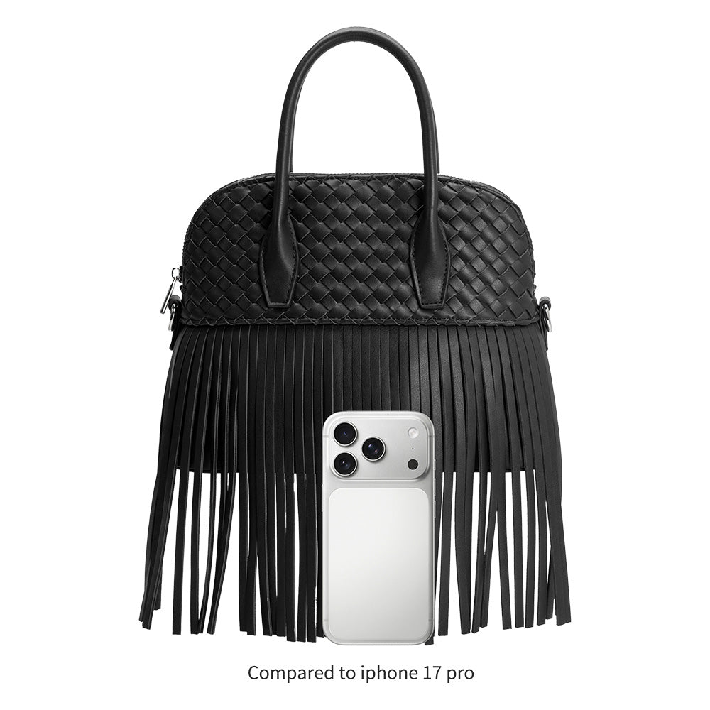 Mocha Halle Fringe Recycled Vegan Leather Top Handle Bag - Melie Bianco