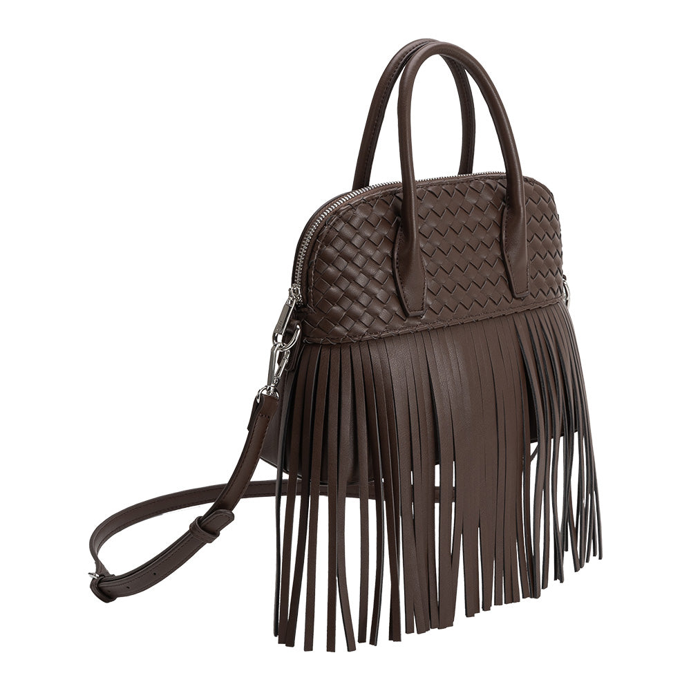 Espresso Halle Fringe Recycled Vegan Leather Top Handle Bag - Melie Bianco
