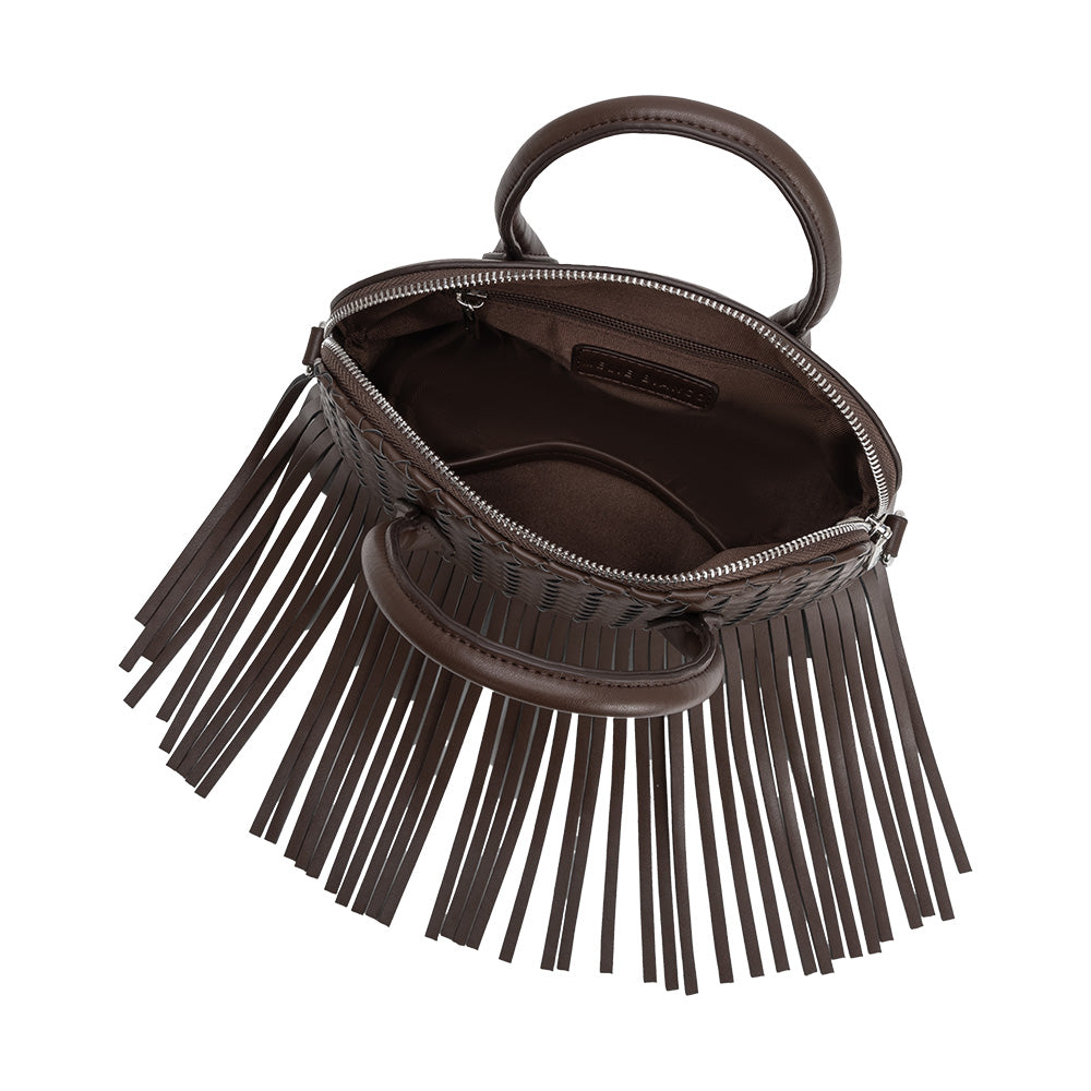 Espresso Halle Fringe Recycled Vegan Leather Top Handle Bag - Melie Bianco