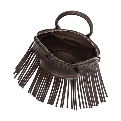 Espresso Halle Fringe Recycled Vegan Leather Top Handle Bag - Melie Bianco