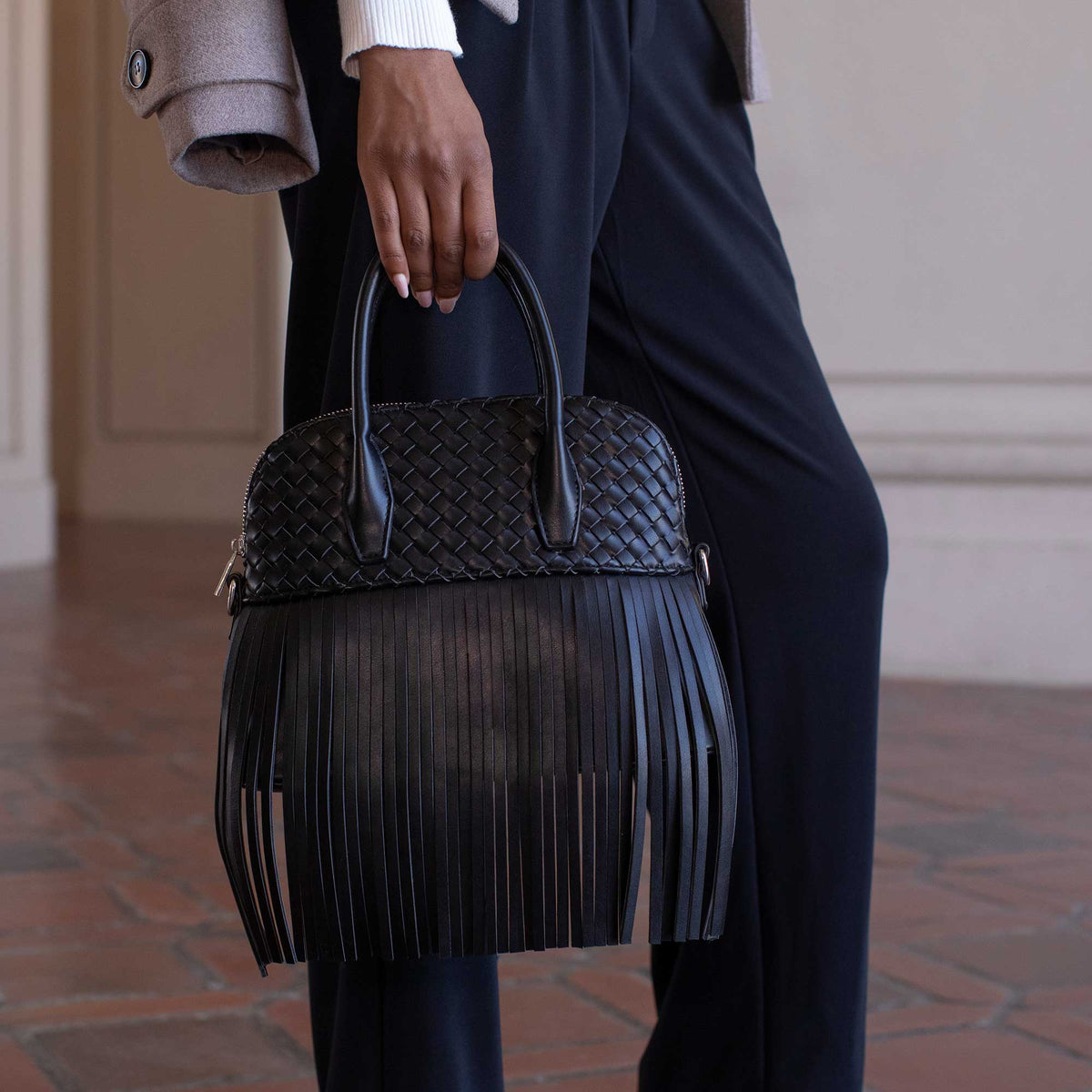 Espresso Halle Fringe Recycled Vegan Leather Top Handle Bag - Melie Bianco