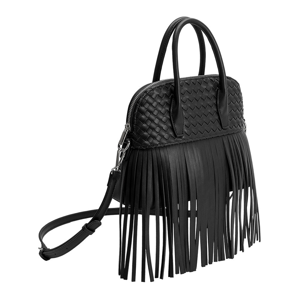 Black Halle Fringe Recycled Vegan Leather Top Handle Bag - Melie Bianco