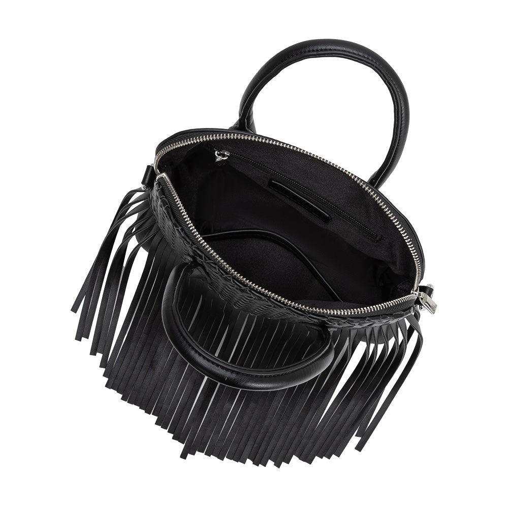Black Halle Fringe Recycled Vegan Leather Top Handle Bag - Melie Bianco