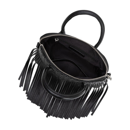 Black Halle Fringe Recycled Vegan Leather Top Handle Bag - Melie Bianco