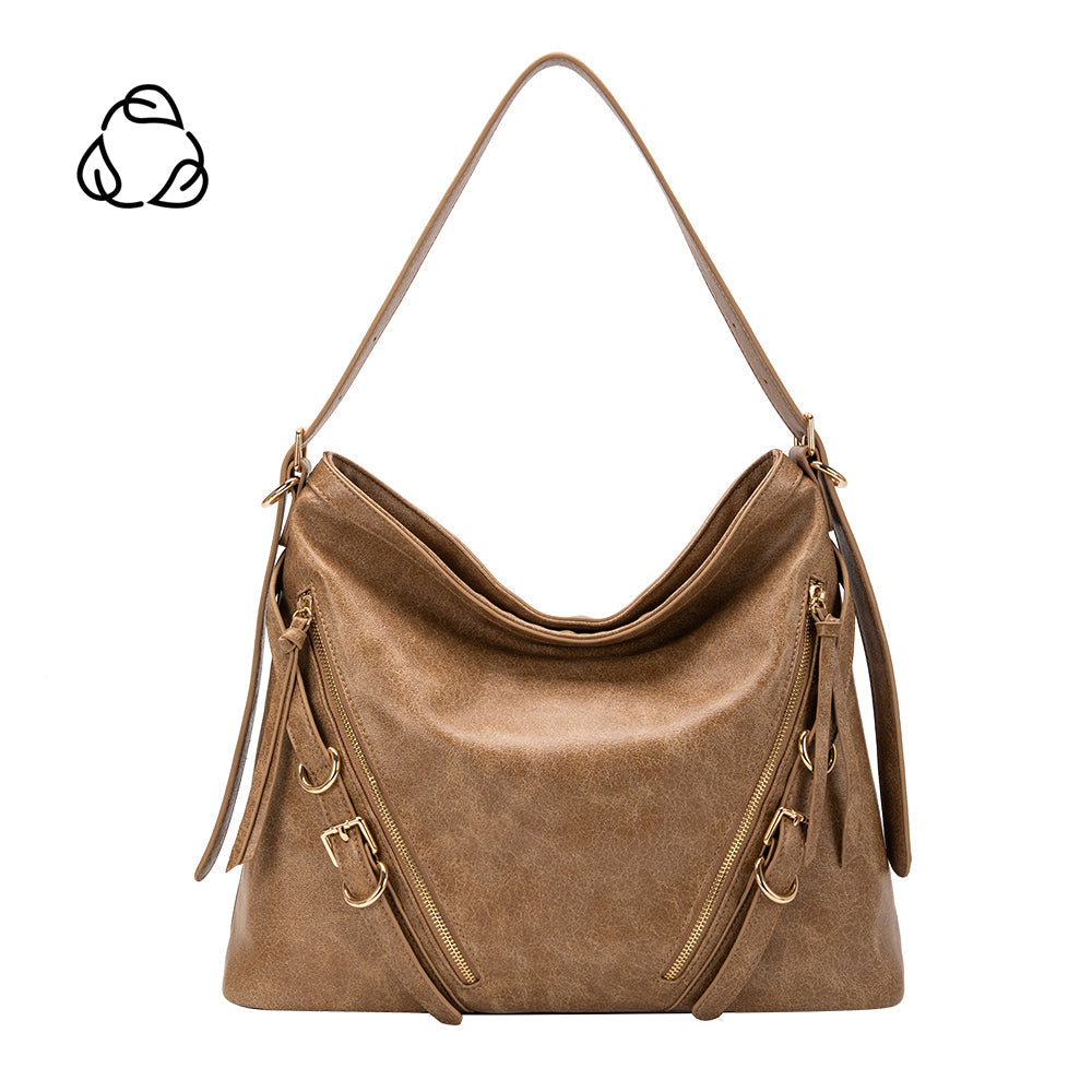 Tan Sloane Distressed Recycled Vegan Leather Shoulder Bag - Melie Bianco