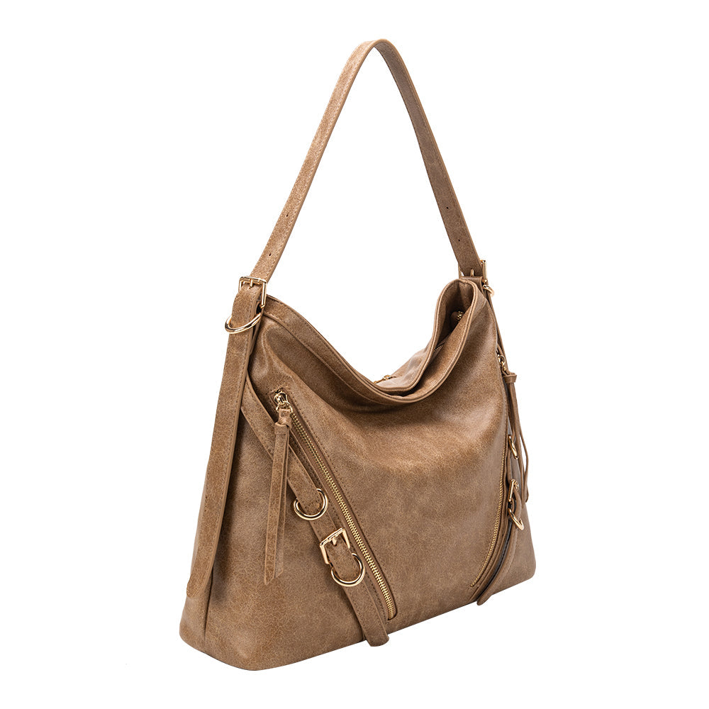 Tan Sloane Distressed Recycled Vegan Leather Shoulder Bag - Melie Bianco