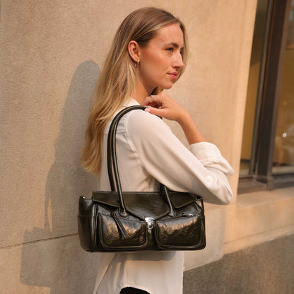 Black Ruthie Recycled Vegan Leather Shoulder Bag - Melie Bianco
