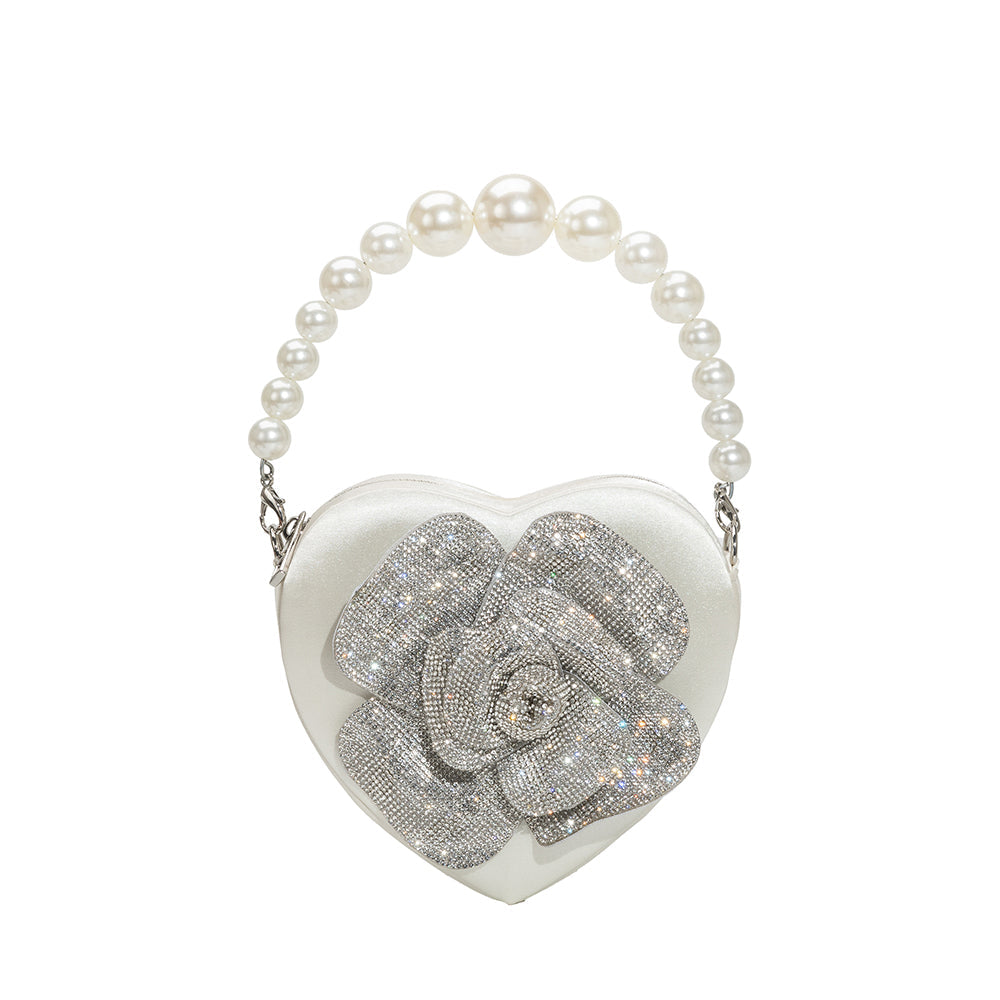 White Mila Satin Heart Pearl Crossbody Bag | Melie BIanco - Melie Bianco