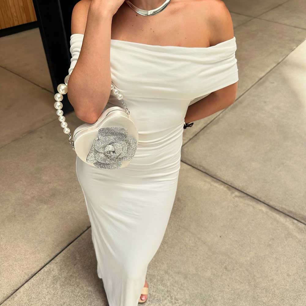 White Mila Satin Heart Pearl Crossbody Bag | Melie BIanco - Melie Bianco